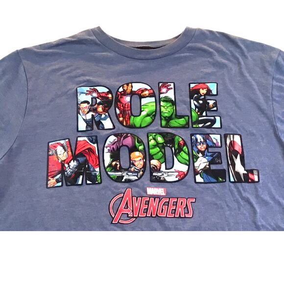 Disney Marvel Avengers Role Model Lettering Blue T-Shirt L - Picture 2 of 3
